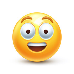 Wonder emoji. Surprised emoticon with big eyes, open smile and raised eyebrows 3D stylized vector icon
