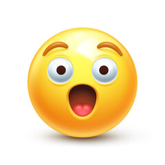 Surprised emoji. Astonished emoticon with wide open shocked eyes and raised eyebrows 3D stylized vector icon