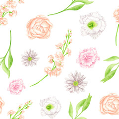 Floral seamless pattern with watercolor flowers and leaves. Delicate blush and white flower heads isolated on white. Botanical repeated background for wrapping, textile, fabrics, cards