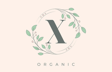 Organic X Letter Logo. Floral Bio and Beauty Retro Logo.