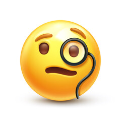 Intelligent emoji. Smug emoticon with Monocle and raised eyebrow 3D stylized vector icon