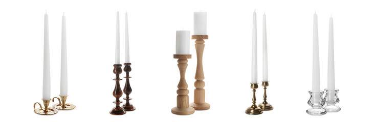 Set with different stylish candlesticks on white background, banner design