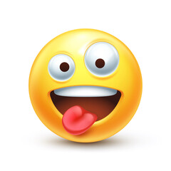 Zany emoji. Goofy emoticon with crazy eyes and tongue out 3D stylized vector icon