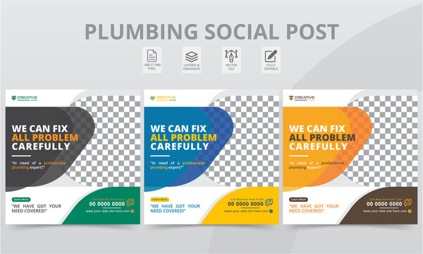 Premium Plumber Social Media Post Colorful Shapes Template. Modern Professional Plumbing Social Square Banner Layouts with Photo College for The Personal Blog Digital Marketing.