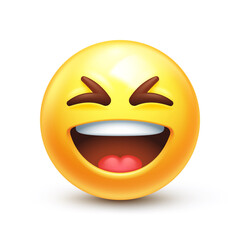 Grinning squinting emoji. Laughing XD face, big grin emoticon 3D stylized vector icon