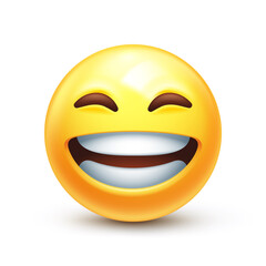Beaming emoji with smiling eyes. Grinning emoticon with radiant smile. Full-toothed grin on happy yellow face 3D stylized vector icon