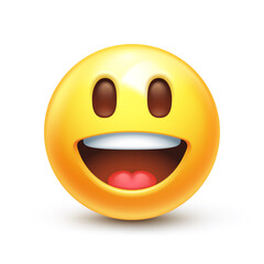 Grinning emoji. Happy excited emoticon, inspired yellow face with big eyes 3D stylized vector icon