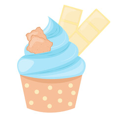 Cupcake isolated. Sweet dessert with cookies and white milk chocolate. Vector illustration