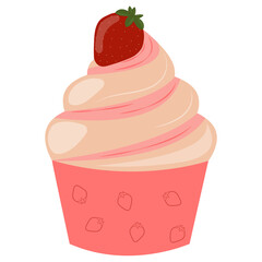 Cupcake isolated. Sweet berry dessert with strawberry. Vector illustration