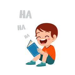 clue little boy read funny book story and laugh so hard - obrazy, fototapety, plakaty