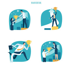 Business Success. Businessman achieves the goal and wins the trophy Set of business vector illustration.