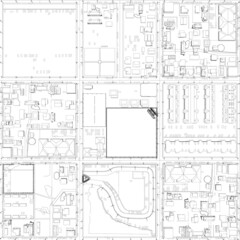 Outline of several quarters of the city with houses, parking, stadium isolated on a white background. View from above. Vector illustration
