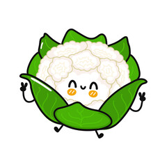 Cute funny jumping cauliflower character. Vector hand drawn cartoon kawaii character illustration icon. Isolated on white background. Cauliflower character concept