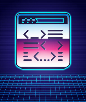 Retro style Software, web developer programming code icon isolated futuristic landscape background. Javascript computer script random parts of program code. 80s fashion party. Vector