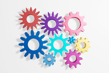Colorful Cogwheels industrial parts and equipment. 3D illustration.