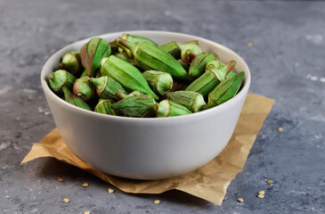 Green Egyptian Okra fresh food in white bowl