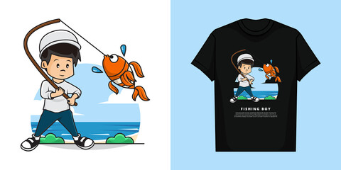 Illustration Vector Graphic of Cute Boy is Fishing, with t-shirt mockup design