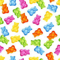 Colorful Gummy and Jelly Bears seamless pattern. Fruity and tasty Sweets and candies in the cartoon style. Vector illustration for printing