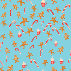 Seamless background for Christmas with gingerbread man, cane lollipop, cup of cocoa. Winter holiday