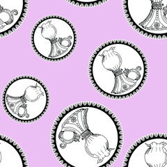 Seamless pattern of vintage kerosene lamps and lanterns in openwork lace circular design on colored background. Kitchen ornate