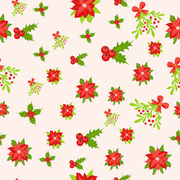 Seamless pattern with hand drawn poinsettia flowers and floral branches and berries, mistletoe, christmas florals