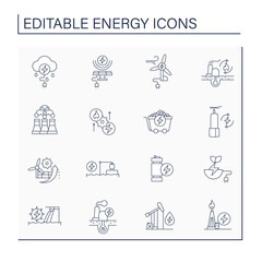 Energy line icons set. Thunderstorm, solar, wind energy. Nonrenewable sources. Power stations. Electricity generation concept. Isolated vector illustration. Editable stroke