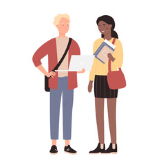 Young woman and man with laptop, girl guy student character isolated on white.