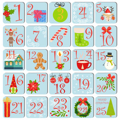 Countdown calendar to Christmas with cartoon characters and symbols. Christmas poster. Winter Holidays Design