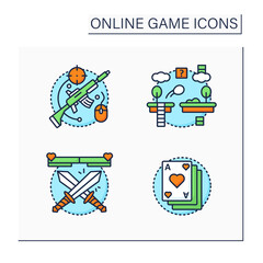 Online game color icons set. Different game types. Shooting, platform, fighting, card games. Modern technology concept. Isolated vector illustrations