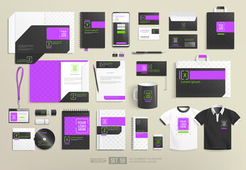 Realistic office stationary items with modern branding identity mockup set. Black white and purple abstract graphics for corporate Identity Branding Mock-up set. Office objects presentation mockups