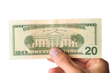 man holding 20 dollar bills isolated on white. USA Money