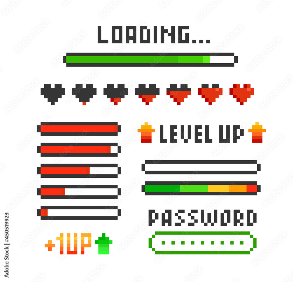Poster Pixel art 8 bit loading progress bar elements set with health scale hearts for retro video game design. Level up with health loading scale, password and energy. Arcade game elements