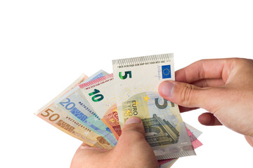 man holding euro bills on white background