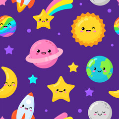 Fototapeta na wymiar Cartoon seamless pattern of baby sun, Earth planet, fallen star, round moon and more space objects. Cartoon kawaii planets icons of cute characters. Vector children's illustration