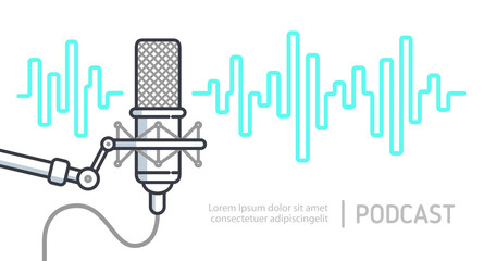 Radio podcast or recording studio microphone with audio wave design. Sound waveform vector illustration. Podcasting or broadcasting background - obrazy, fototapety, plakaty