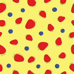 Seamless pattern of strawberries and blackberries. Line art. Colorful fruit on yellow background.