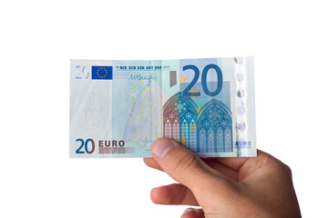 man holding euro bills on white background