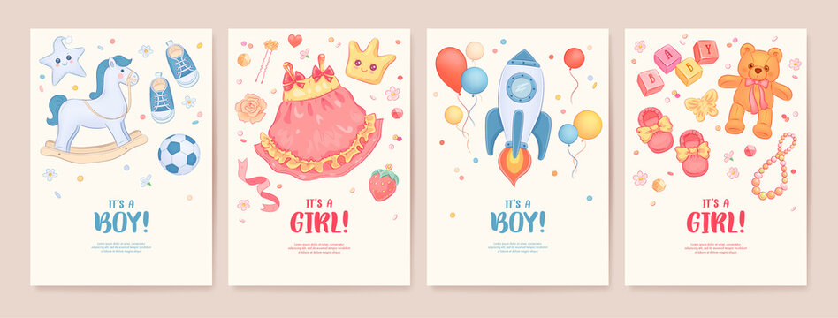 Set of baby shower invitation with cartoon horse, rocket, toys, dress, helium balloons and flowers. It's a boy. It's a girl. Vector illustration