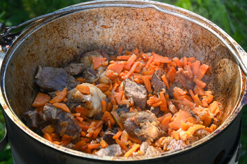 Sliced carrots and pieces of meat in a cauldron