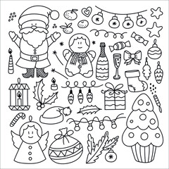 Big Christmas doodle set. Cute elements for decorating packaging, textiles and other goods. Ideal for creating Christmas stickers and patterns.