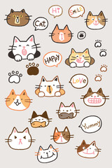 Vector Collection of Cartoon Cat Face Design on Isolated Background. Set of Funny Cat Face, Speech Balloon and Paw Illustration for Decoration. 