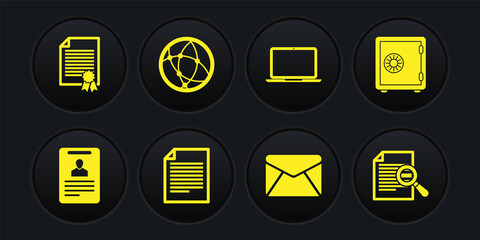 Set Identification badge, Safe, Document, Envelope, Laptop and Social network icon. Vector