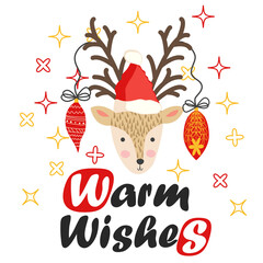 Deer with Christmas balls on the horns. Christmas card with a deer and letters. Cute winter poster, Christmas card
