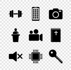 Set Dumbbell, Mobile Apps, Photo camera, Speaker mute, Processor with CPU and Key icon. Vector
