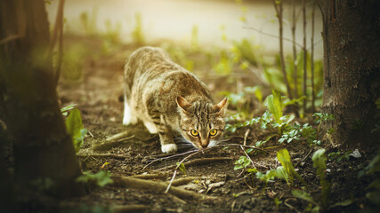 A beautiful tabby wild cat sneaks among the green grass and branches in a dark summer forest illuminated by sunlight. A pet