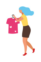 Clothing sales assistant with hanger semi flat color vector character. Full body person on white. Women clothing store isolated modern cartoon style illustration for graphic design and animation