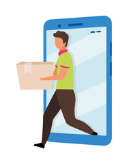 Ordering delivery online flat concept vector illustration. Courier with cardboard box isolated 2D cartoon character on white for web design. Making order for products from supermarket creative idea