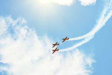 Aerobatic team fly smoothly on turboprop light-engine aircraft in the air.