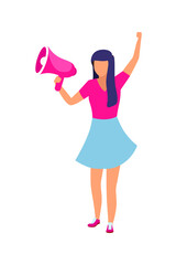 Female activist with loudspeaker semi flat color vector character. Full body person on white. Protesting against injustice isolated modern cartoon style illustration for graphic design and animation