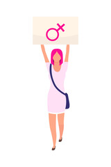 Female activist protests for women rights semi flat color vector character. Full body person on white. Social movement isolated modern cartoon style illustration for graphic design and animation
